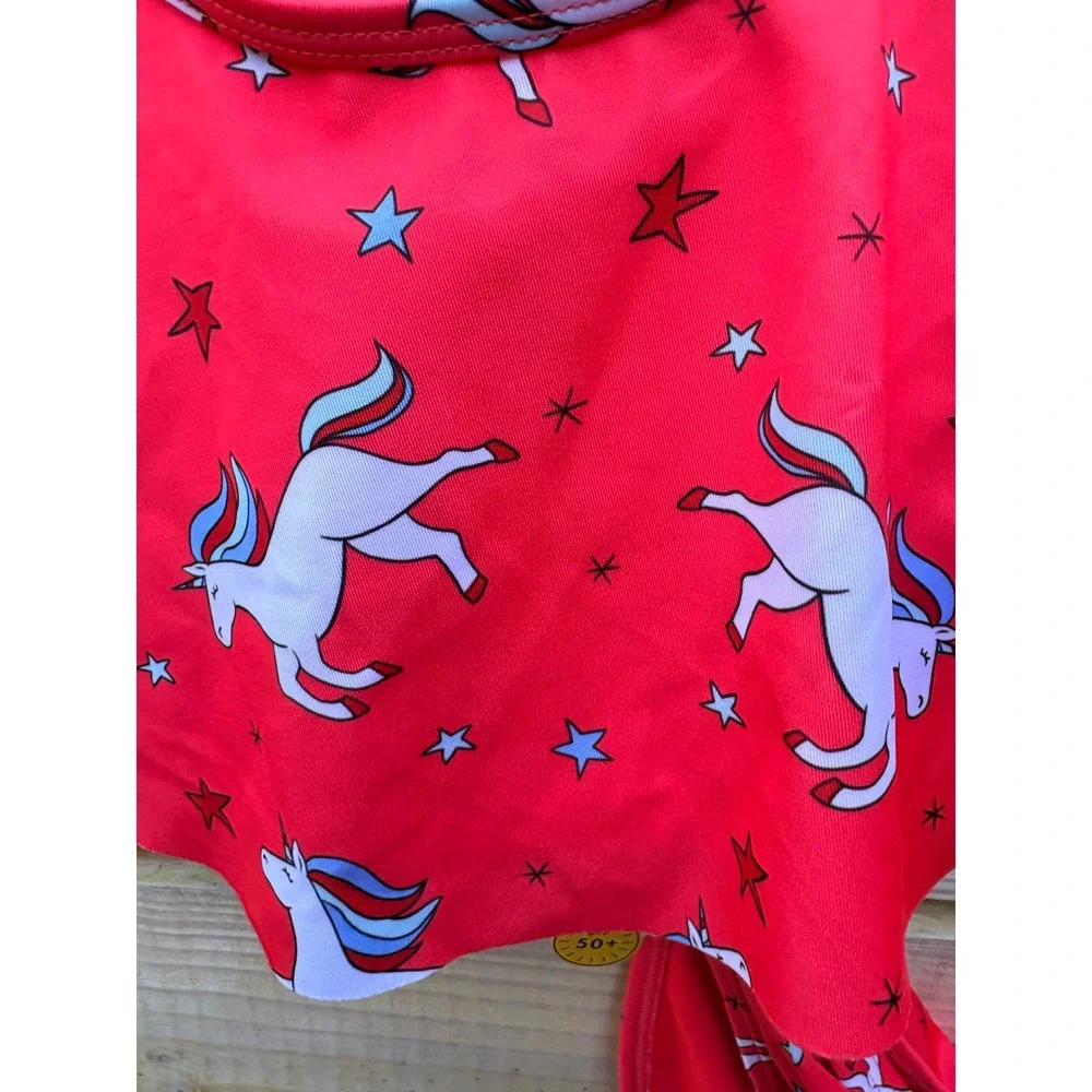 Cat & Jack Girls Red Unicorn Star Flounce Bikini Swimsuit Set XL 14/16 NEW